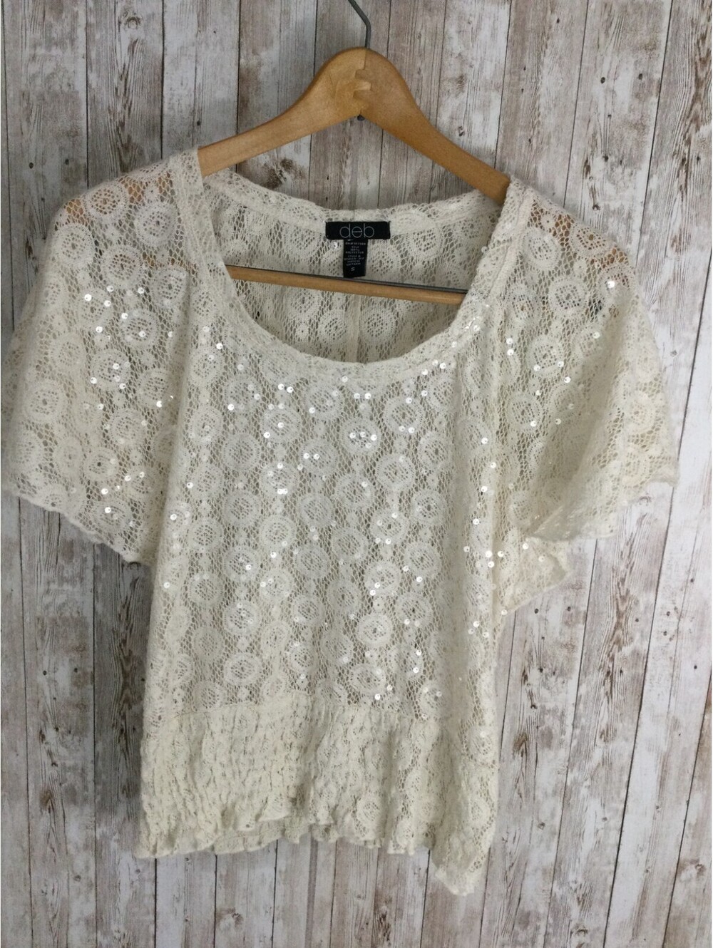VTG DEB Cream Small Sequin Lace Top Short Sleeve Batwing Semi Sheer Boho Cottage